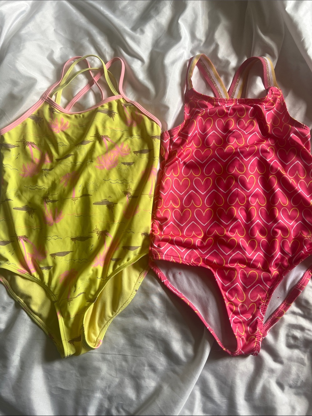 Girls' Neon Yellow & Pink Heart One-Piece Swimsuits set of two!❤️